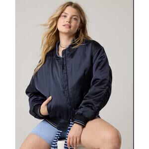 OFFLINE By Aerie Cropped Satin Bomber Jacket, Navy Blue, XL NWT